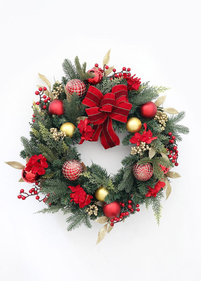 Red And Gold Decorated Pine Christmas Wreath - 24" SUL-WR907