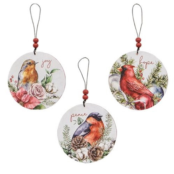 Set Of 3 Round Wooden Winter Bird Ornaments G113623