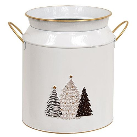 White & Gold Handle Milk Can With Tree Embossed Accent GH21S5069