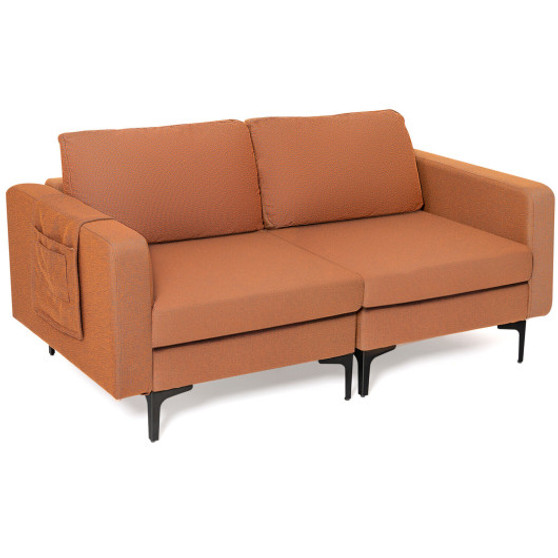 Modern Loveseat Sofa Couch With Side Storage Pocket And Sponged Padded Seat Cushions-Orange (HV10299OG-A+HV10299OG-B)
