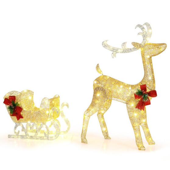 Christmas Reindeer Sleigh Decoration With 100 Lights-Golden (CM24149US-GD)
