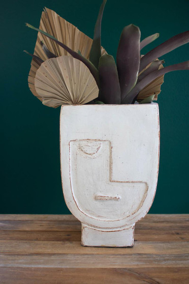 Antique White Terracotta Face Vase 14" T (DEL1034)