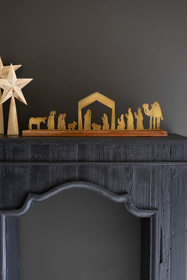 Table Top Nativity - Antique Brass With Wood Base (NDE1485)