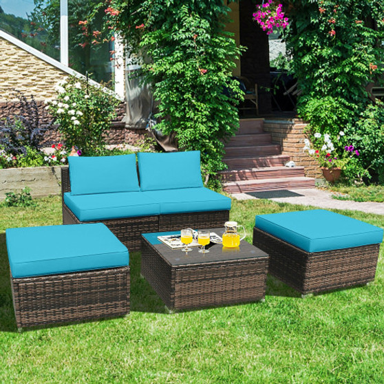 5-Pieces Patio Rattan Wicker Furniture Set Armless Sofa Ottoman Cushioned-Turquoise (HW66745TUA+)