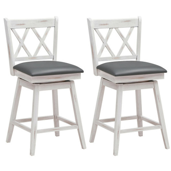 2 Pieces 24 Inch Swivel Counter Height Barstool Set With Rubber Wood Legs-White (JV10757WH-24)