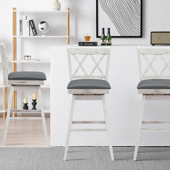 2 Pieces 29 Inches Swivel Counter Height Barstool Set With Rubber Wood Legs-White (JV10757WH-29)
