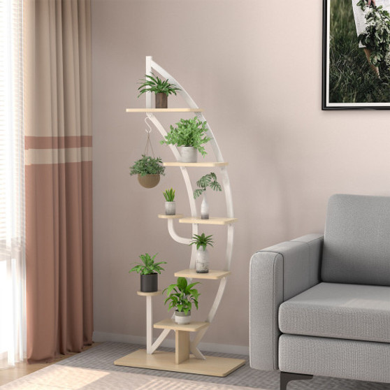 6-Tier 9 Potted Metal Plant Stand Holder Display Shelf With Hook-White (HZ10079WH)