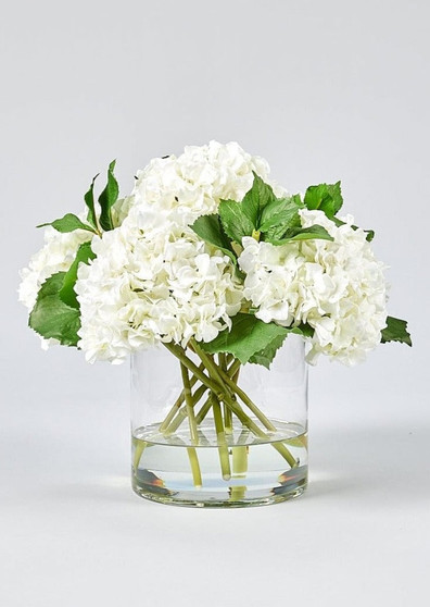 Faux White Hydrangea Arrangement In Glass Vase - 12" WIN-P5822-WH