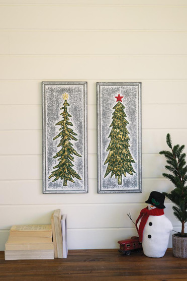 Set Of Two Painted Embossed Metal Christmas Trees Wall Art (CVY1434)