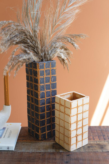 Set Of Two Black And Ivory Clay Etched Grid Vases (H4435)