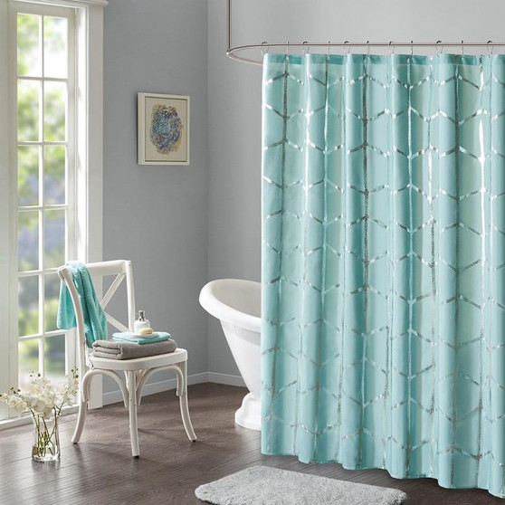 100% Polyester Microfiber Printed Shower Curtain - Aqua/Silver ID70-1291