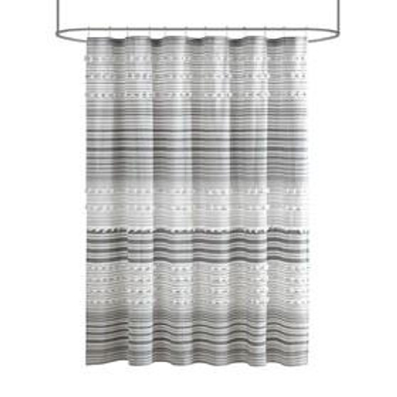 100% Cottonn Yarn Dye Shower Curtain With Pompoms - Grey UH70-2308