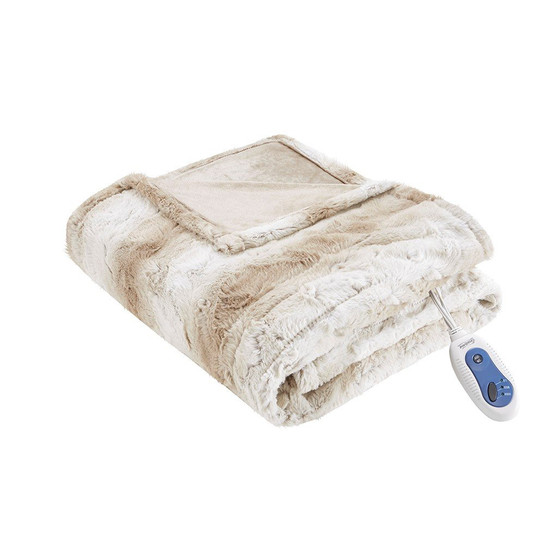 100% Polyester Faux Tip Dye Long Fur Heated Throw - Sand BR54-0860