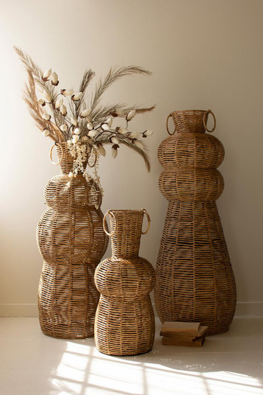 Set Of Three Woven Seagrass And Iron Floor Vases (A6616)