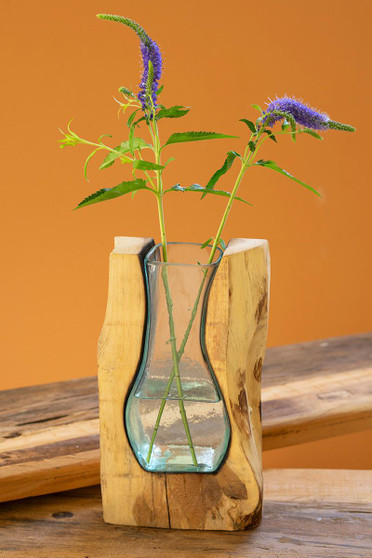 Blown Glass Vase Inside Of Teak Wood - Small (DRA1072)