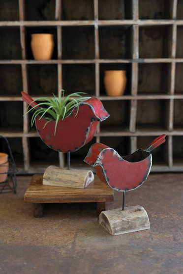 Set Of Two Red Metal Bird Planters (NBA2465)
