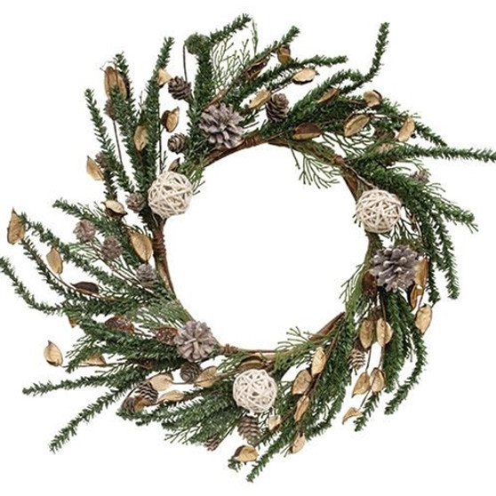 Birch Cone Pod & Glitter Rattan Ball Pine Wreath FT30850
