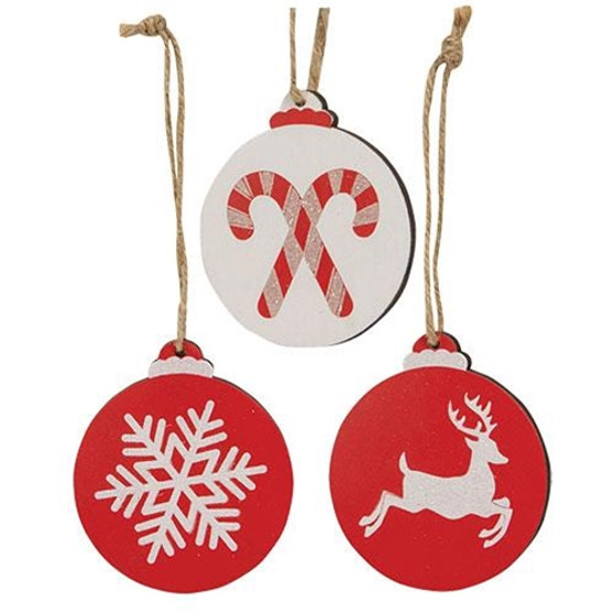 Sparkle Reindeer Candy Canes Or Snowflake Wooden Bulb Ornament 3 Assorted (Pack Of 3) G37153