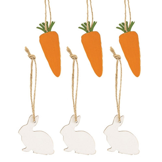 Set Of 6 Wooden Bunny & Carrot Ornaments GH37732