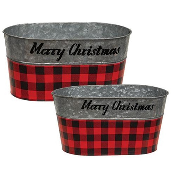 Set Of 2 Red & Black Buffalo Check Merry Christmas Oval Buckets GHDY22029