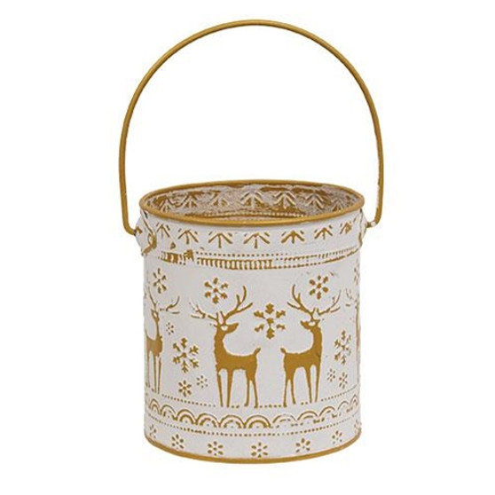 Distressed White Metal Bucket With Gold Embossed Reindeer & Snowflakes GMXF39602