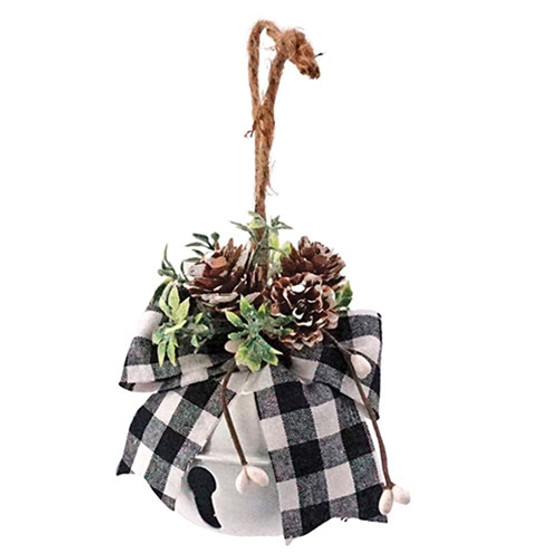 White Bell Ornament With Black/White Plaid Bow GRJA2736