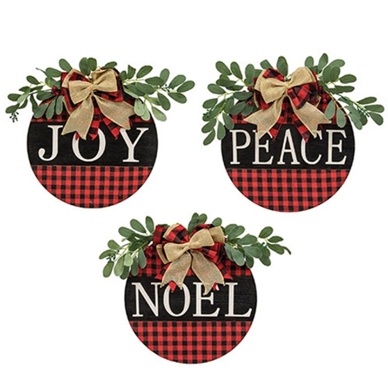 Peace Joy Noel Red/Black Buffalo Check Wood Hanging Sign 3 Assorted (Pack Of 3) GSHN4227