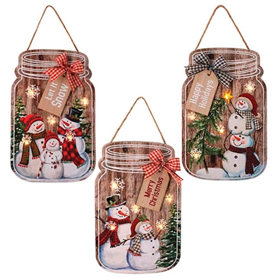 Wooden Christmas Snowman Mason Jar Ornament With Led Light 3 Assorted (Pack Of 3) GSUN2706