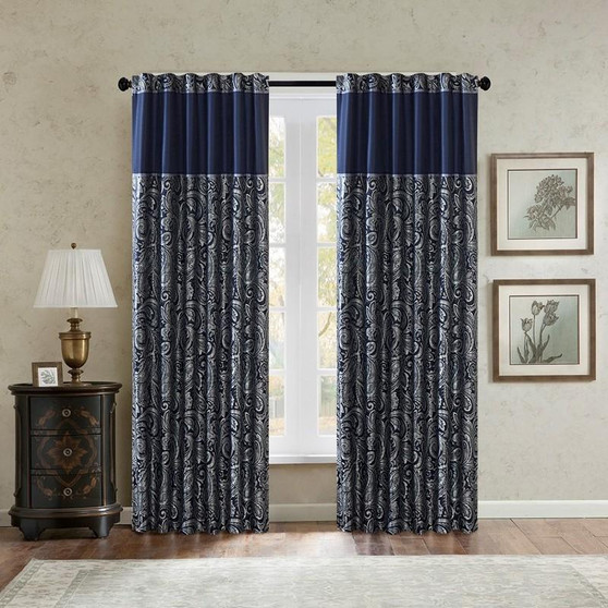 Solid Faux Silk Jacquard Panel Pair - Navy MP40-4897