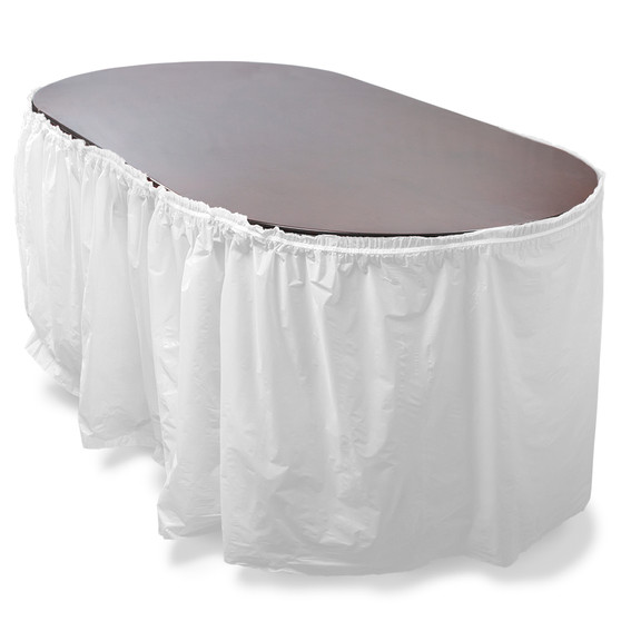 14' White Reusable Plastic Table Skirt, Extends 20'+ MPAR-455