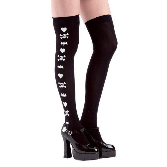 Black Spooky Print Thigh High Costume Tights MCOS-322