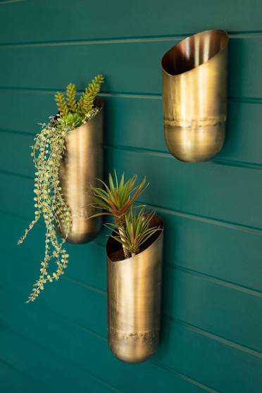 Three Set Antique Brass Wall Vases