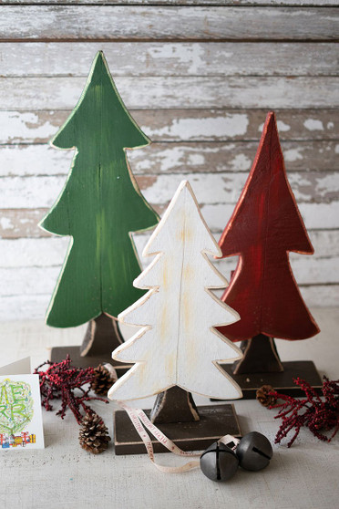 Decorative Set Of Three Painted Wooden Christmas Trees - One Ea Color