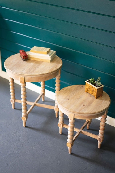Two Set Round Wooden Side Tables With Turned Legs