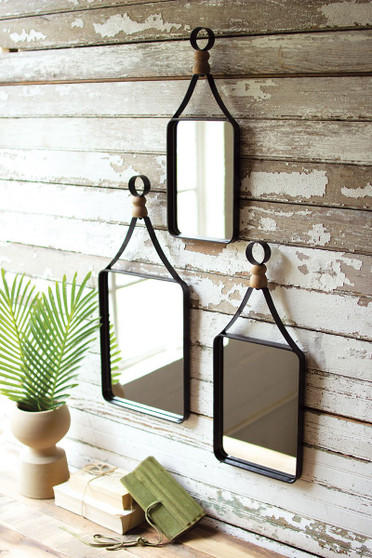Three Set Metal Framed Mirrors With Wood Ball Detail