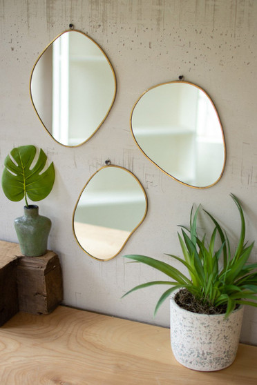 Three Set Brass Framed Organic Shaped Mirrors