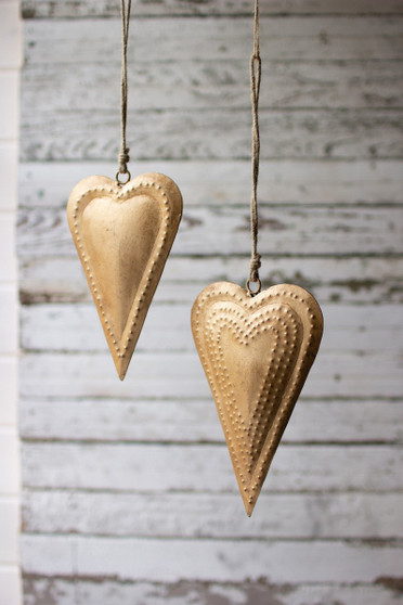 Decorative Set Of Two Antique Brass Metal Hearts