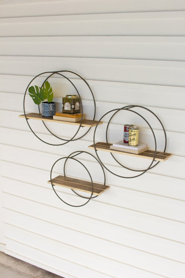 Three Set Recycled Wood Shelves With Round Metal Frames