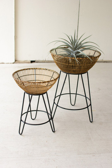 Two Set Round Bamboo Baskets On Metal Stands