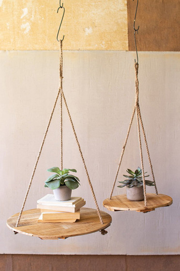 Two Set Round Recycled Wood Display With Jute Rope