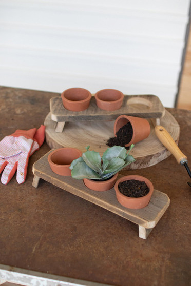 (2 Pack) Three Terracotta Flower Pots On A Recycled Wooden Base