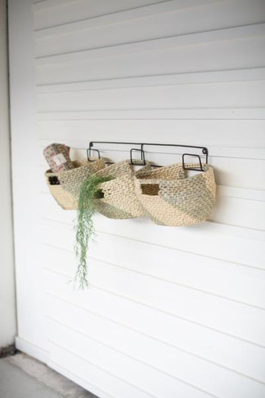 Decorative Set Of 3 Hanging Woven Seagrass Baskets On Recycled Metal Frame