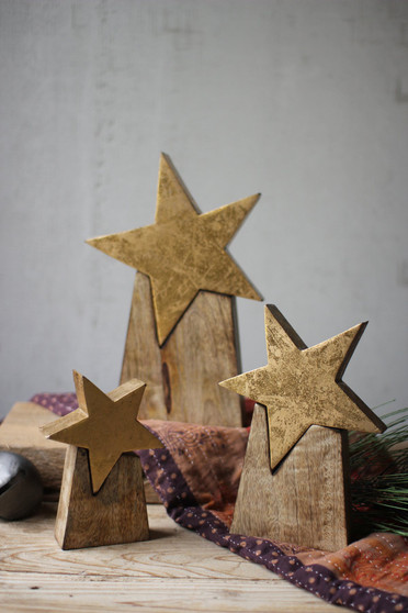 Decorative Set Of Three Wooden Star On Base