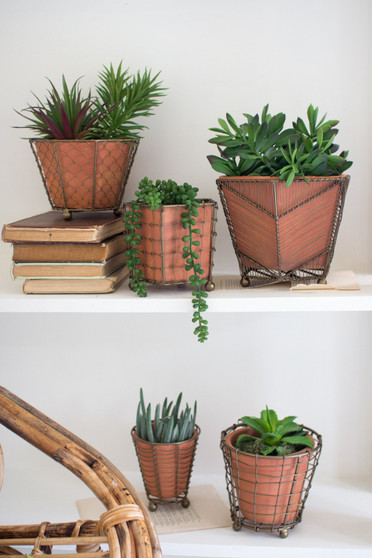 (5 Set) Terracotta Planters With Wire Wrap - One Each