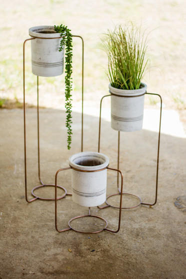 (3 Set) Copper Finish Metal Stands With White Planter