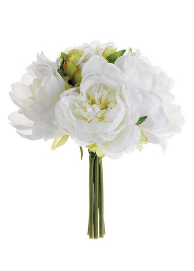White Fake Peony Silk Wedding Bouquet - 9.5"