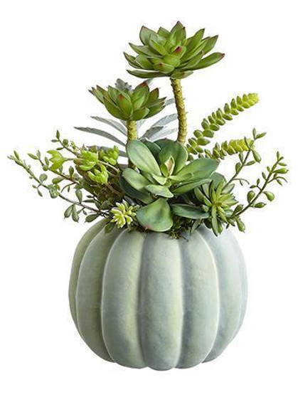 Artificial Plant Mixed Fake Succulents In Pumpkin Pot - 14" Tall