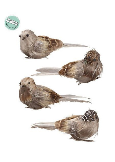 Set Of 4 Glittered Brown & Grey Artificial Birds - 5" Long