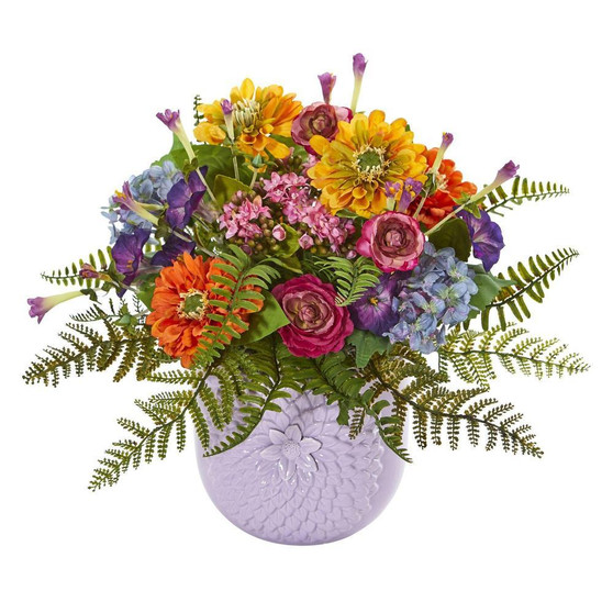 Mixed Floral Artificial Arrangement In Purple Vase (1549)