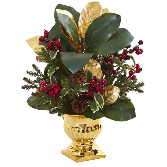 20" Magnolia Leaf & Holly Berry Artificial Arrangement In Gold Urn (1556)